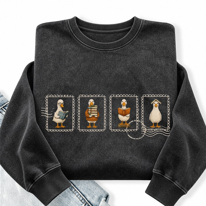 Embroidered Silly Goose Reading Washed Crewneck Sweatshirt