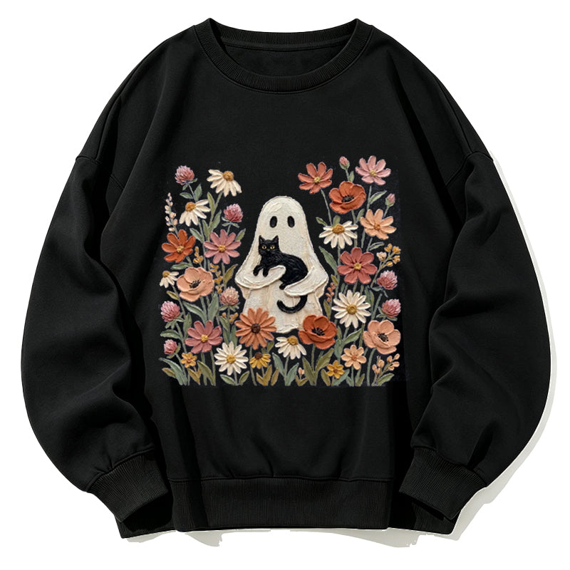 Ghost with Black Cat Floral Classic Adult Unisex Crewneck Sweatshirts
