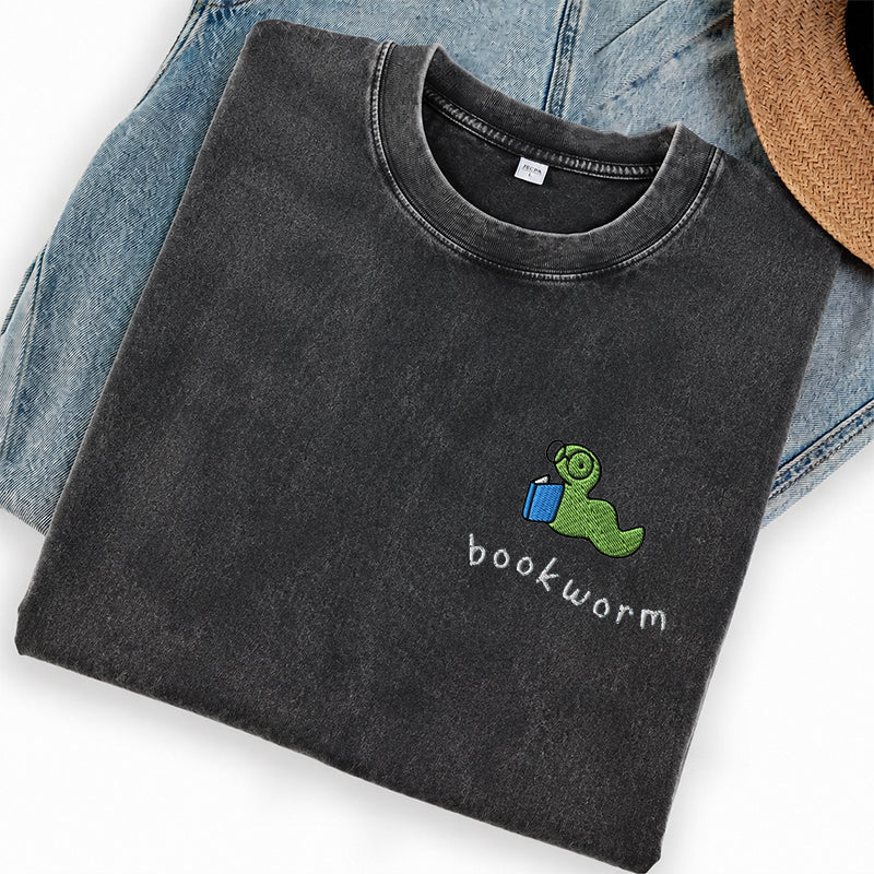 Embroidered Bookworm Washed Crew Neck T-Shirt