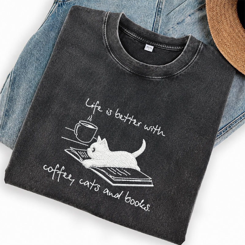 Embroidered Coffee Cat and Books Washed Crew Neck T-Shirt