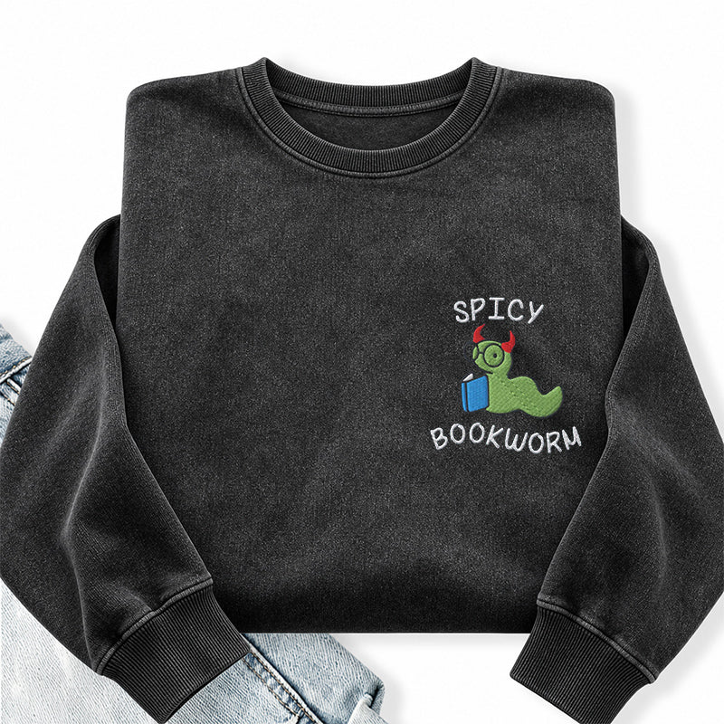 Embroidered Spicy Bookworm Washed Crewneck Sweatshirt
