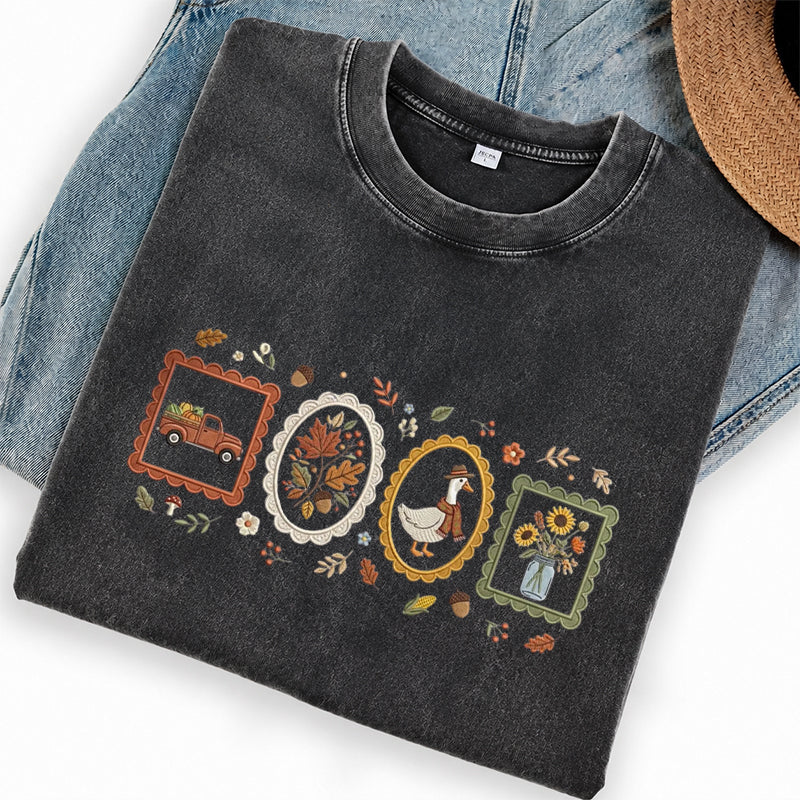 Embroidered Autumn Postcards Washed Crew Neck T-Shirt