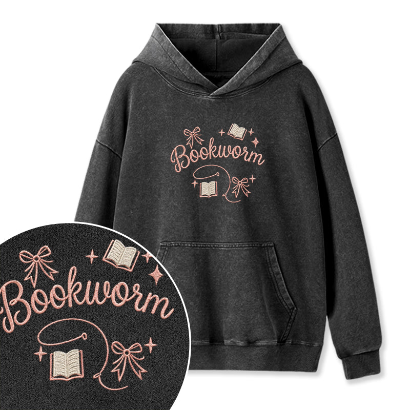 Embroidered Funny Bookworm Washed Hoodie