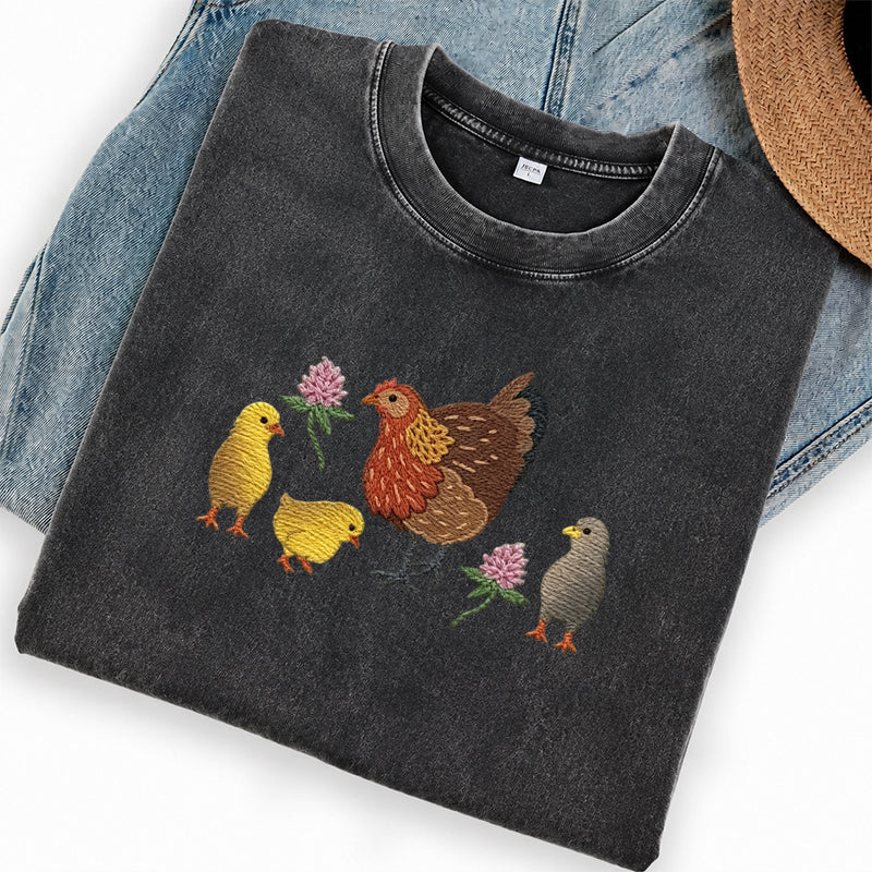Embroidered Hen & Chicks Washed Crew Neck T-Shirt