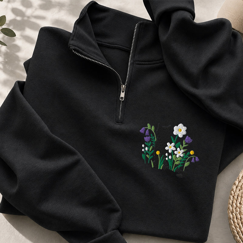 Embroidered Black Cat Cottagecore Classic Quarter Zip Sweatshirt