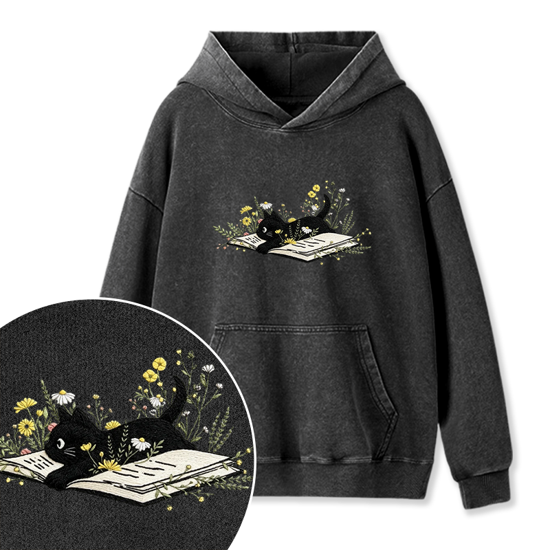 Embroidered Floral Book Cats Washed Hoodie