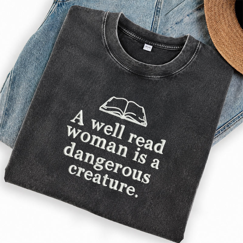 Embroidered A Well Read Woman Washed Crew Neck T-Shirt