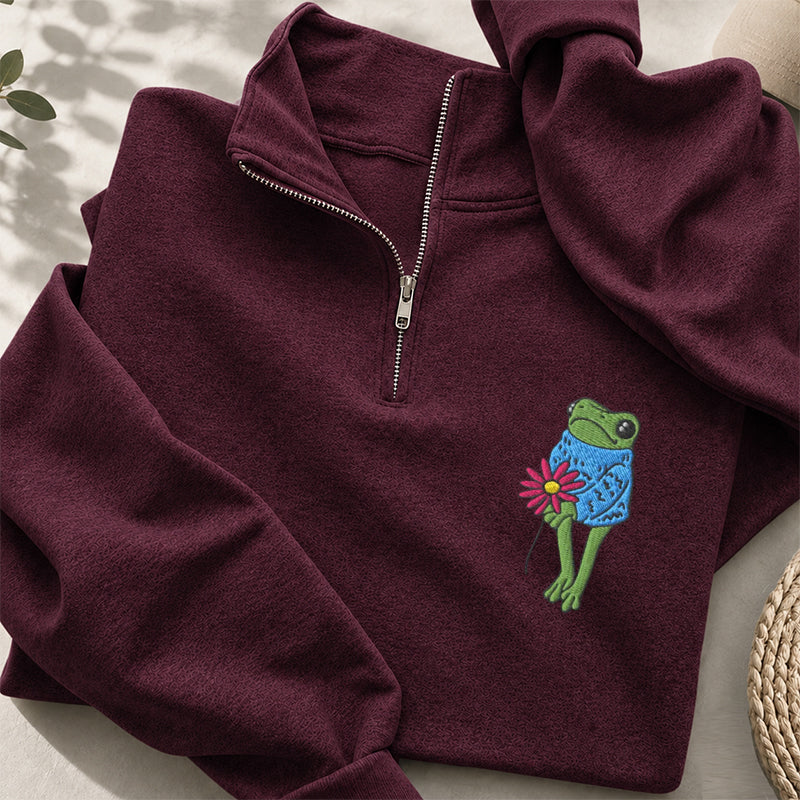 Embroidered Flower Frog Classic Quarter Zip Sweatshirt