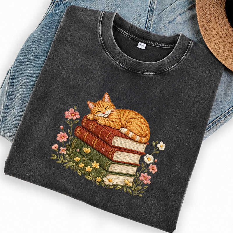 Embroidered Sleeping Cat On Books Washed Crew Neck T-Shirt