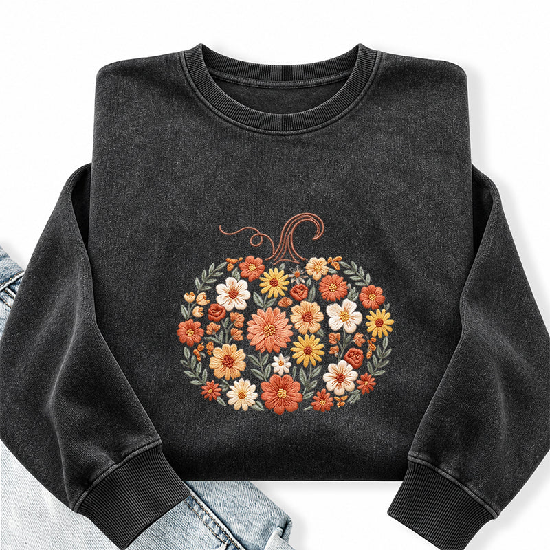 Embroidered Floral Pumpkin Washed Crewneck Sweatshirt