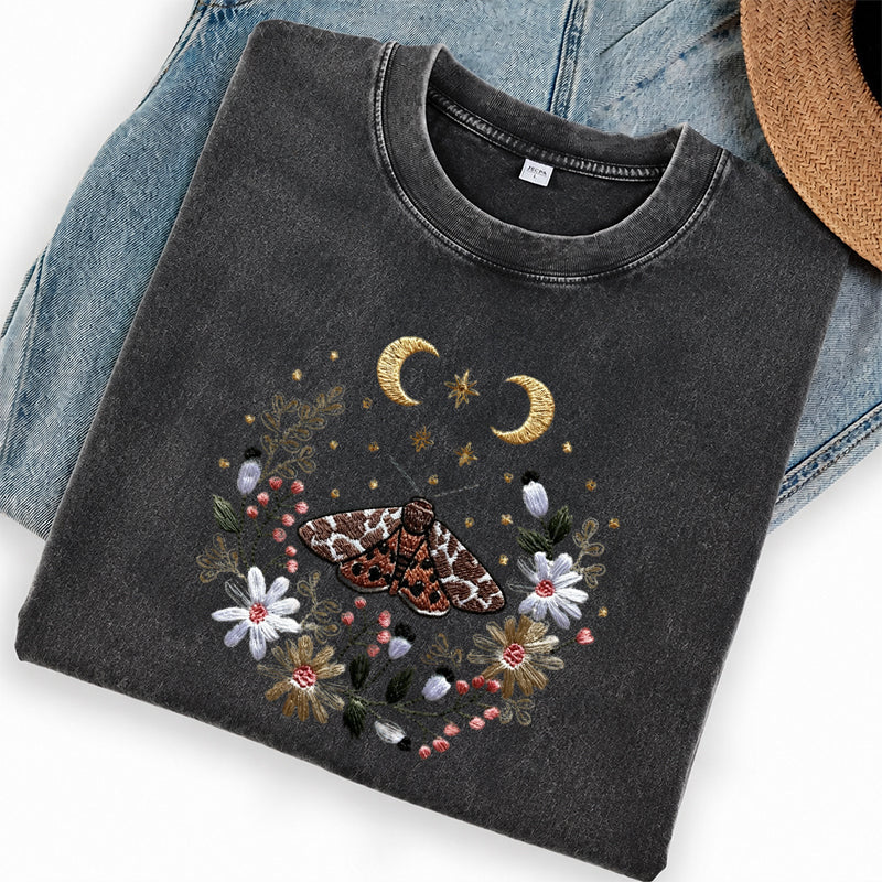 Embroidered Cottagecore Moth Washed Crew Neck T-Shirt
