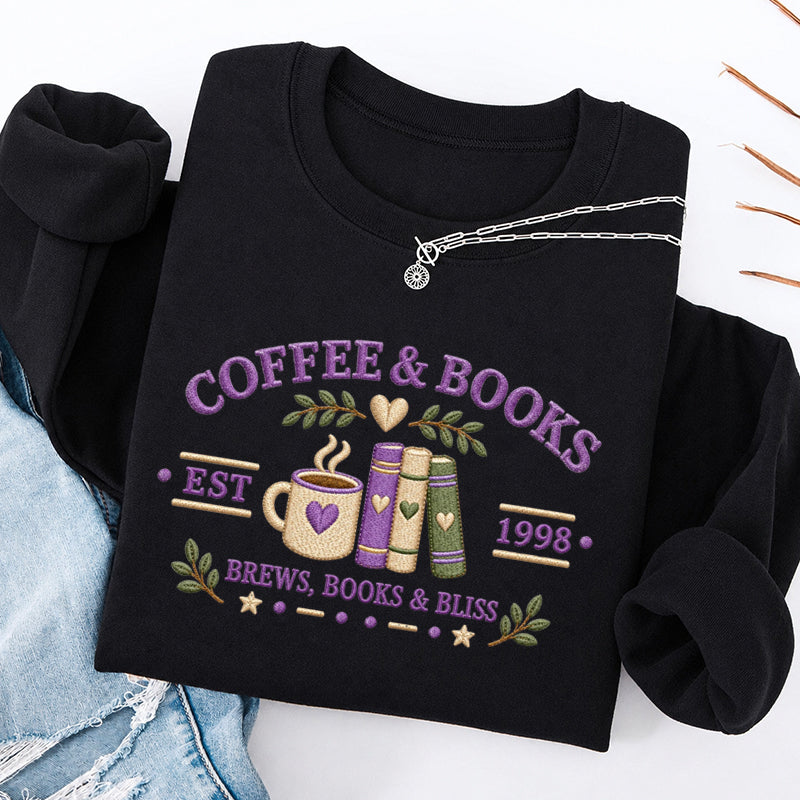 Embroidered Coffee And Books Classic Crewneck Sweatshirt