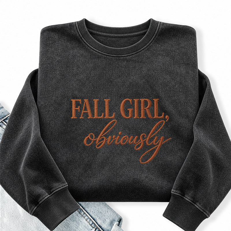 Embroidered Fall Girl Obviously Washed Crewneck Sweatshirt