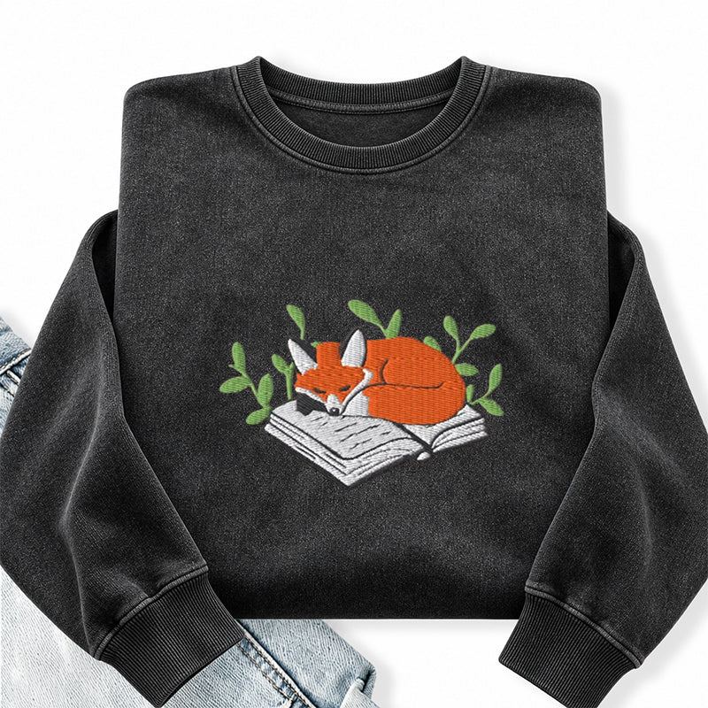 Embroidered Fox Book Nap Washed Crewneck Sweatshirt