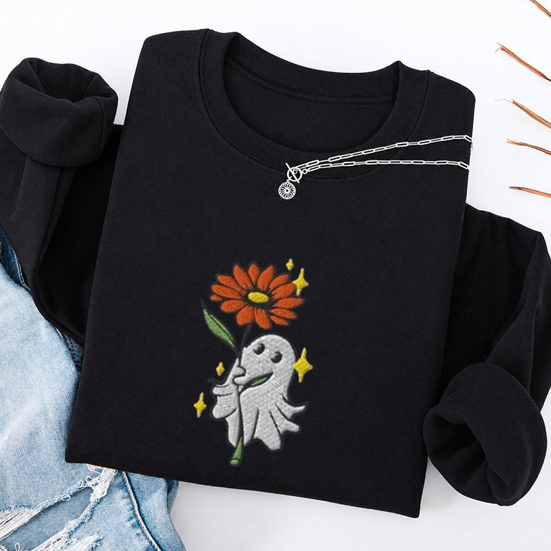 Embroidered Ghost Holding a Flower Classic Crewneck Sweatshirt