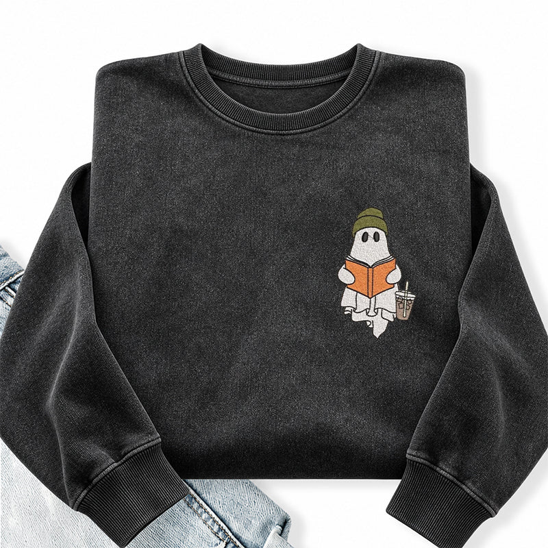 Embroidered Cute Ghost Reading Washed Crewneck Sweatshirt