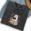 Embroidered Ghost Reading Books Washed Crew Neck T-Shirt