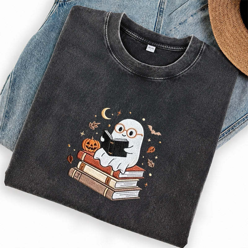 Embroidered Ghost Reading Books Washed Crew Neck T-Shirt