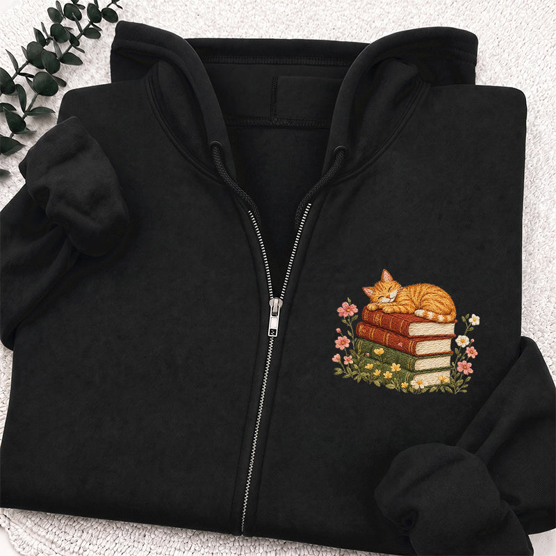 Embroidered Cat Sleeping On Books Classic Full Zip Hoodie