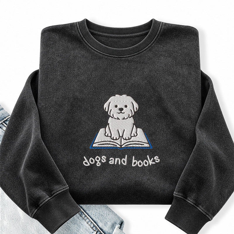 Embroidered Dogs And Books Washed Crewneck Sweatshirt