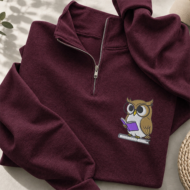 Embroidered Owl Reading Classic Quarter Zip Sweatshirt