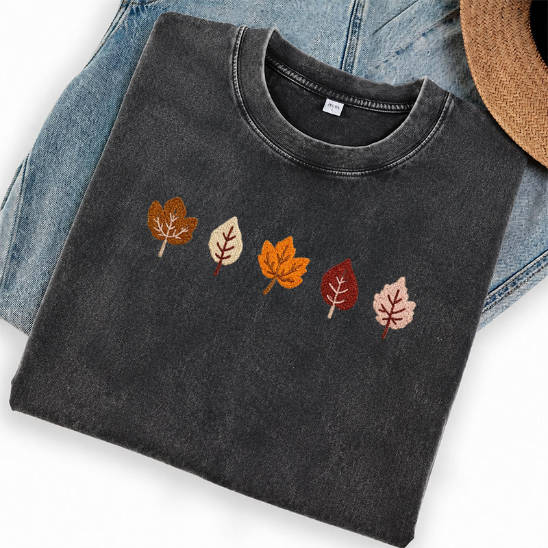 Embroidered Fall Leaves Washed Crew Neck T-Shirt