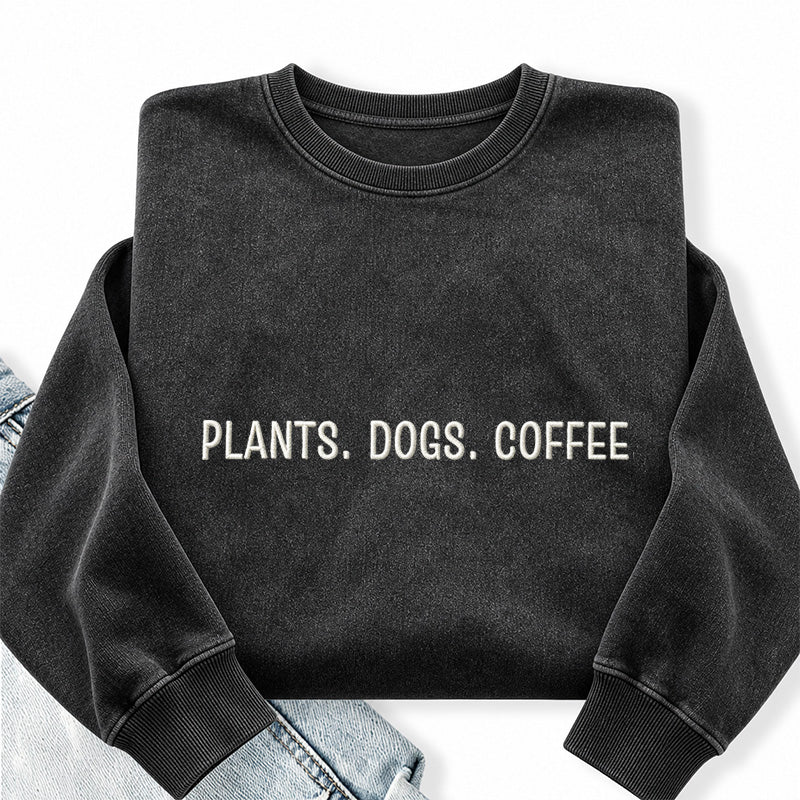 Embroidered Plant Dog Coffee Washed Crewneck Sweatshirt