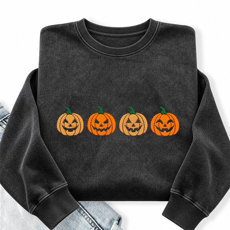Embroidered Halloween Pumpkins Washed Crewneck Sweatshirt
