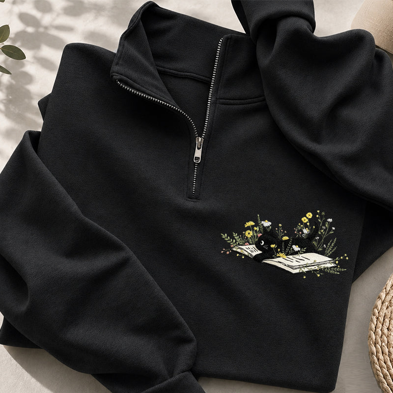 Embroidered Floral Book Cat Classic Quarter Zip Sweatshirt