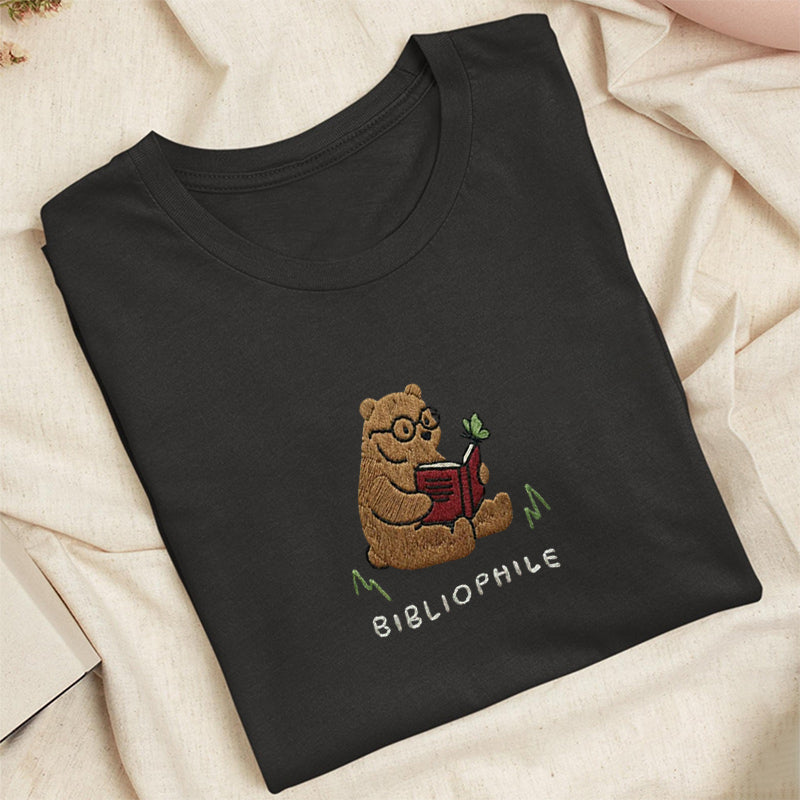 Embroidered Reading Bear Classic Adult Unisex Crew Neck T-Shirt