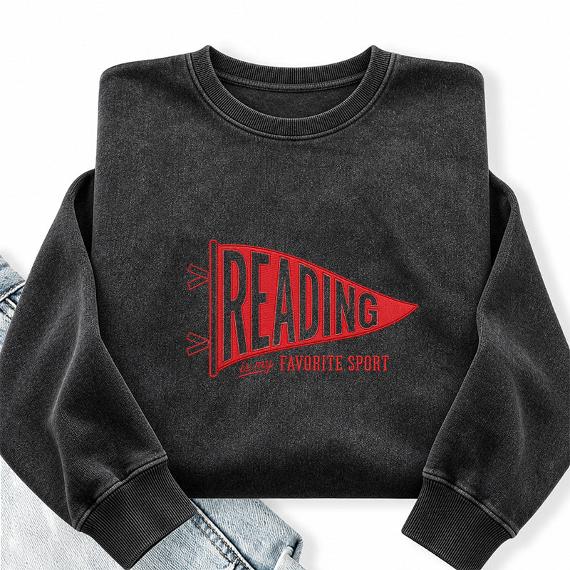 Embroidered Reading Is My Favorite Sport Washed Crewneck Sweatshirt