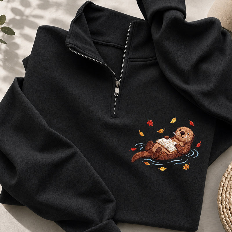 Embroidered Otter Reading Book Classic Quarter Zip Sweatshirt