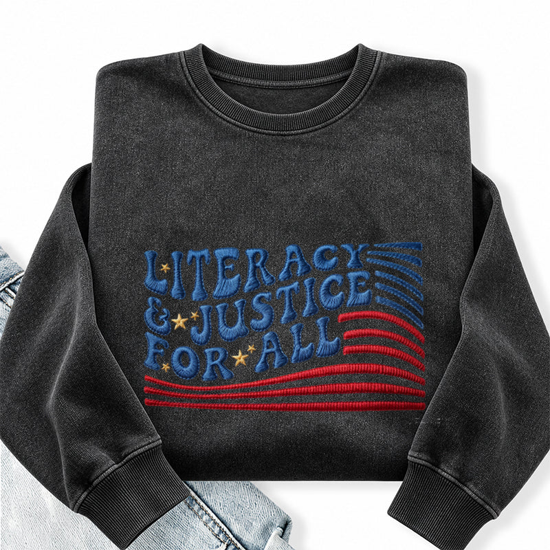 Embroidered Literacy And Justice For All Washed Crewneck Sweatshirt