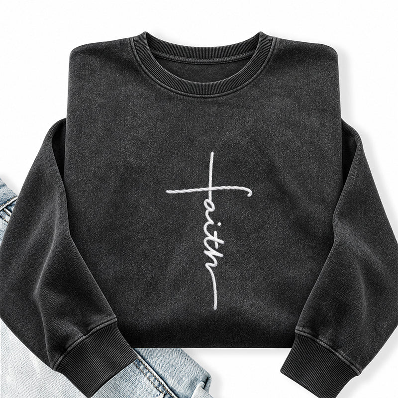 Embroidered Faith Christian Washed Crewneck Sweatshirt