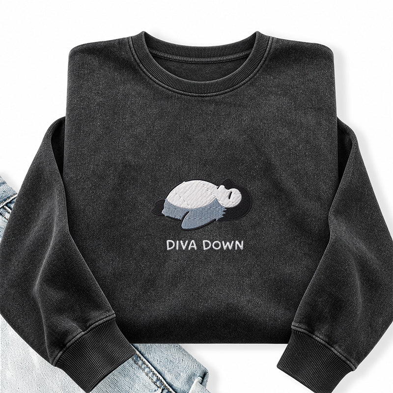 Embroidered Diva Down Penguin Washed Crewneck Sweatshirt