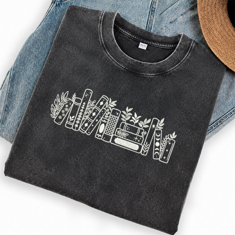 Embroidered Flower Book Washed Crew Neck T-Shirt