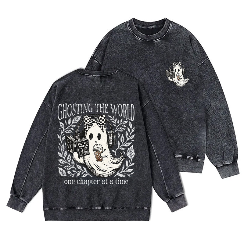 Funny Ghosting The World Reading Washed Crewneck Sweatshirt