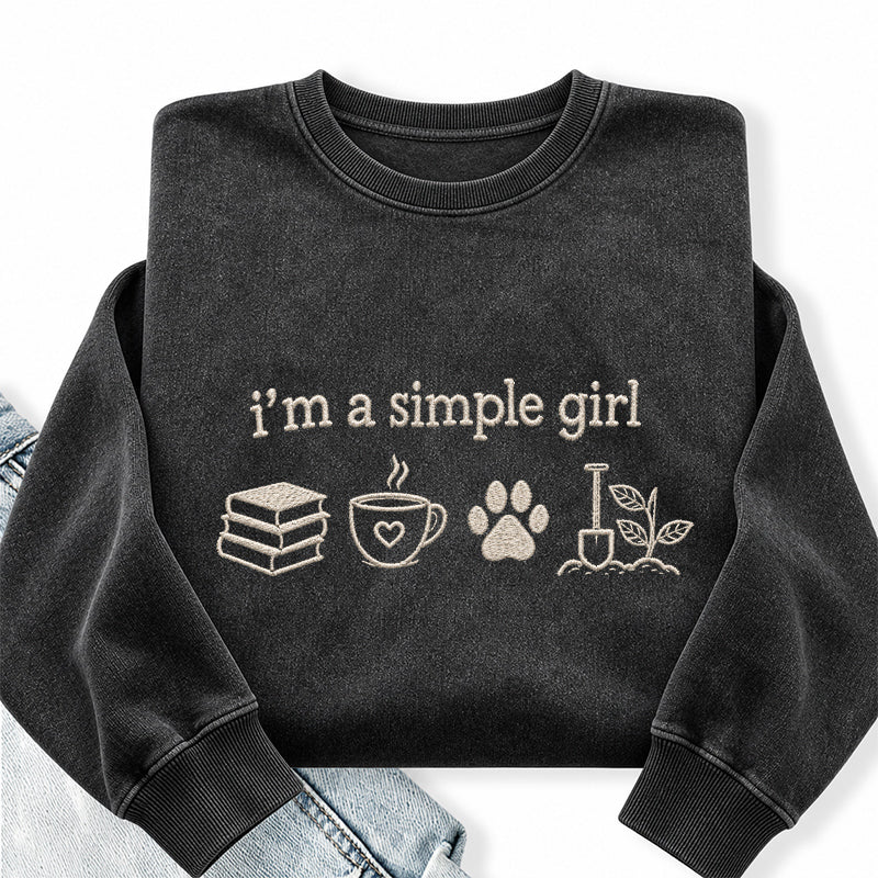Embroidered Simple Girl Book Coffee Plant Washed Crewneck Sweatshirt