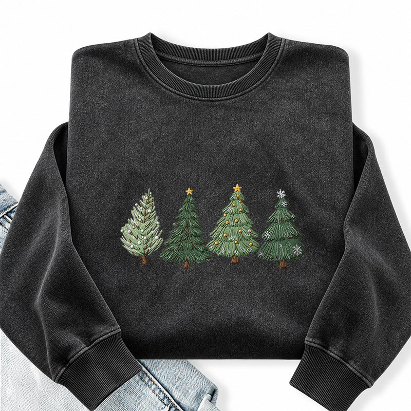 Embroidered Christmas Trees Washed Crewneck Sweatshirt