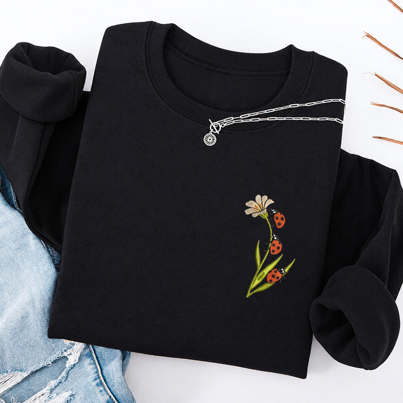 Embroidered Ladybug & Daisy Classic Crewneck Sweatshirt