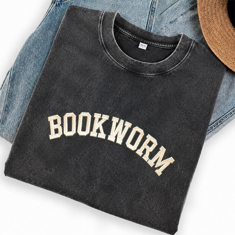 Embroidered Bookworm Washed Crew Neck T-Shirt