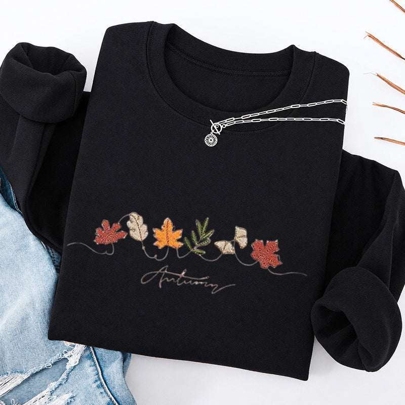 Embroidered Autumn Leaves Classic Crewneck Sweatshirt