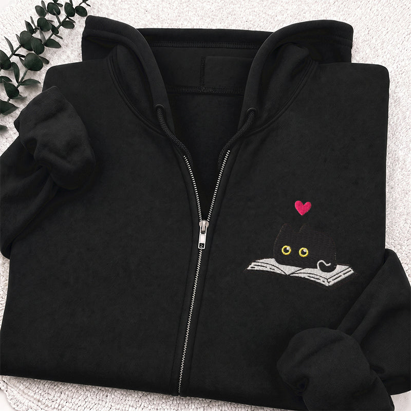 Embroidered Black Cat and Book Classic Adult Unisex Full Zip Hoodie