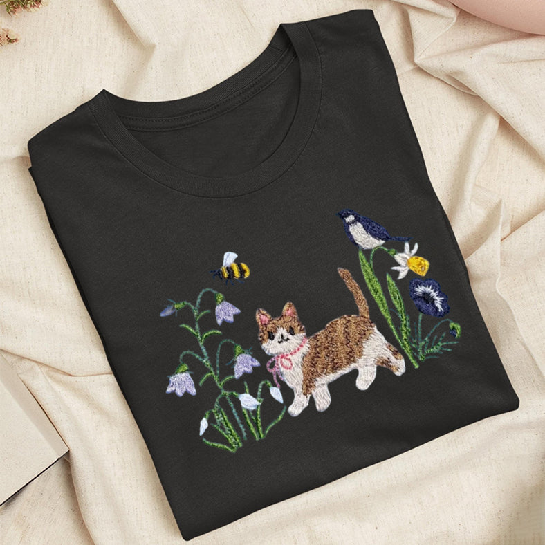 Embroidered Cat Wildflower Classic Adult Unisex Crew Neck T-Shirt