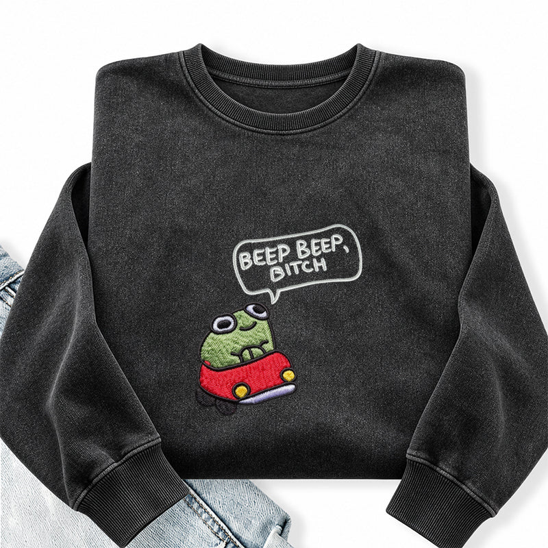 Embroidered Funny Cottagecore Frog Washed Crewneck Sweatshirt