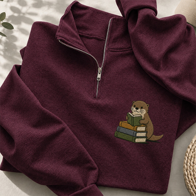 Embroidered Reading Otter Classic Quarter Zip Sweatshirt