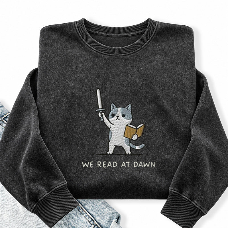 Embroidered We Read At Dawn Cat Washed Crewneck Sweatshirt