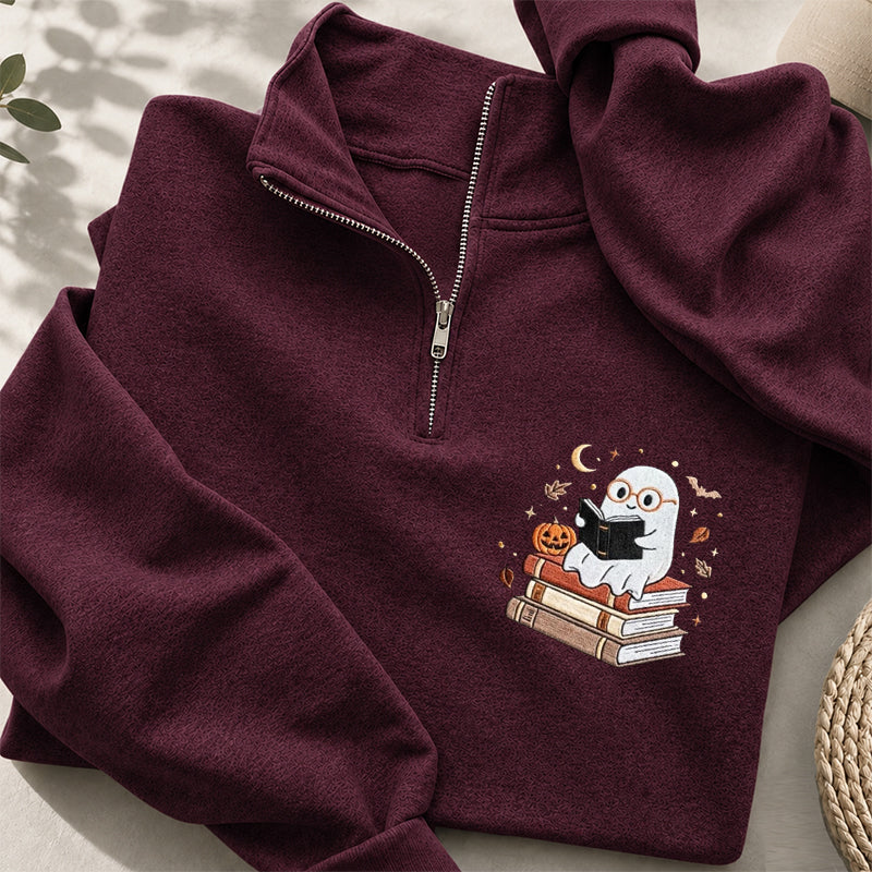 Embroidered Bookish Ghost Classic Quarter Zip Sweatshirt