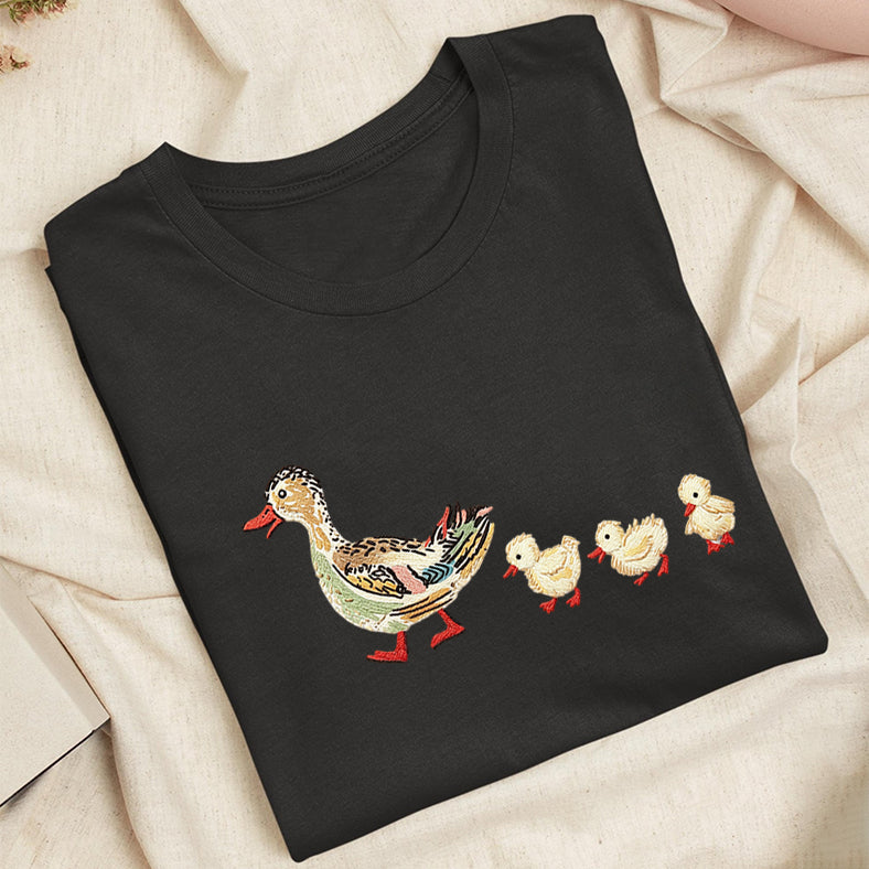 Embroidered Art Mama Duck & Ducklings Classic Adult Unisex Crew Neck T-Shirt