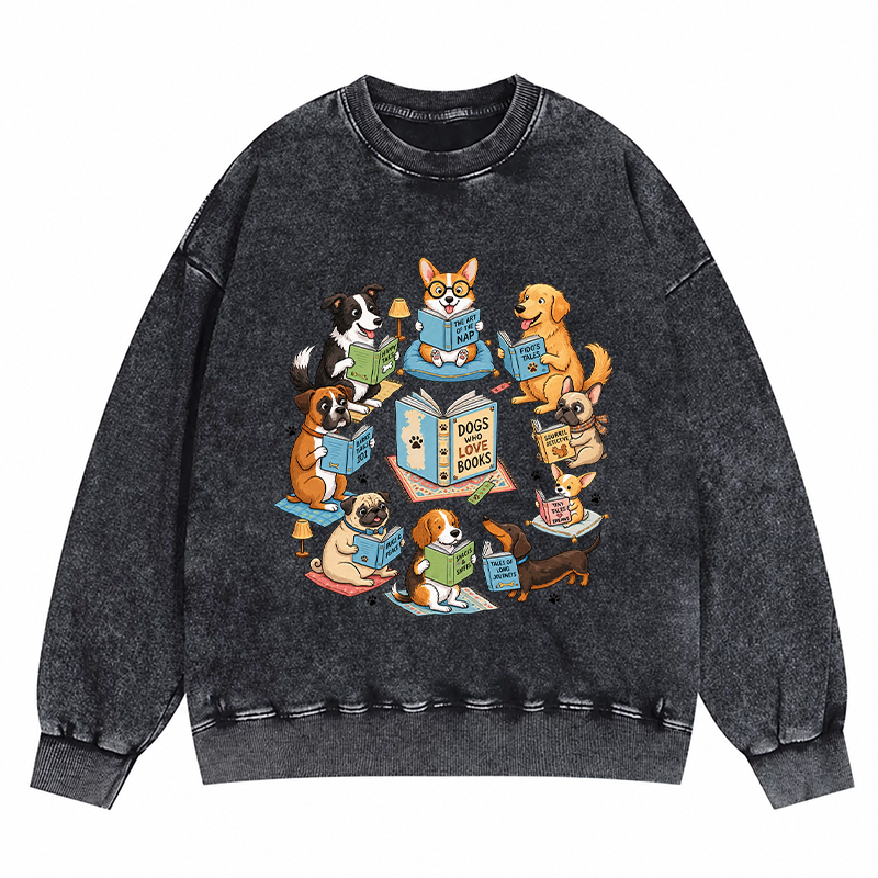 Dogs Who Love Books Reading Washed Crewneck Sweatshirt